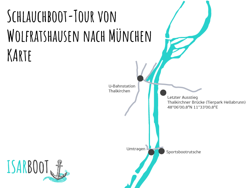 Isar-Schlauchboot-Tour von Wolfratshausen nach München Karte